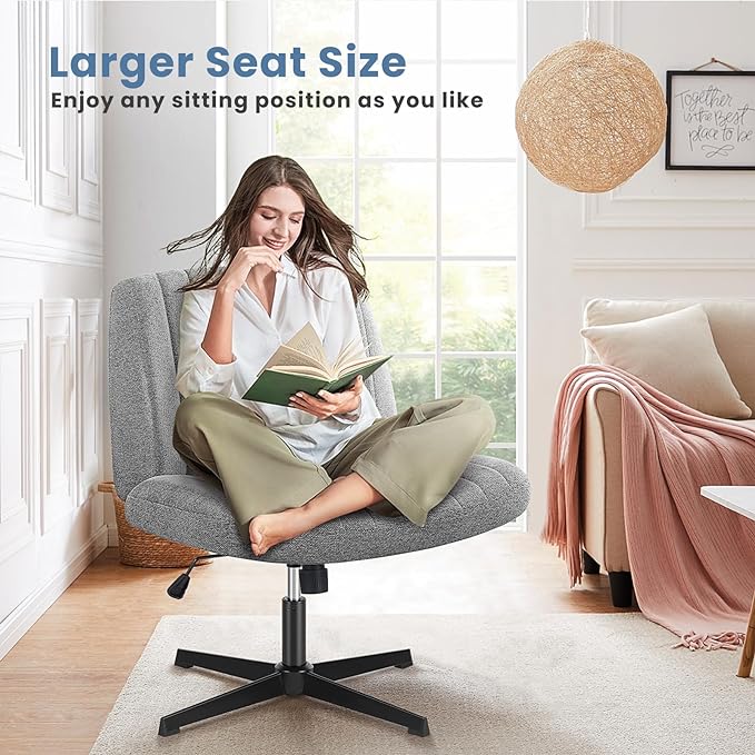 DUMOS Desk Chair No Wheels, Criss Cross Chair Wide Cross Legged Desk Vanity Comfy Chair, Armless Adjustable Swivel Chairs for Home Computer Task Gray