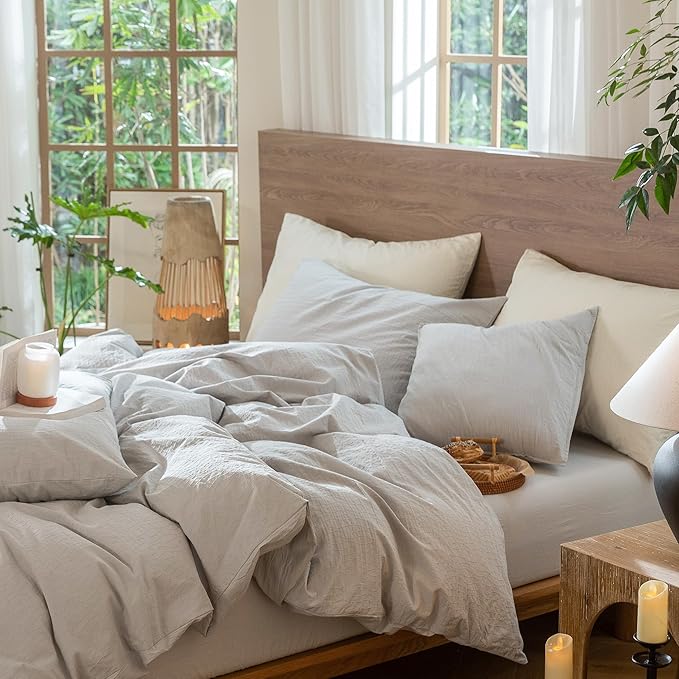 MooMee Wavy Striped Duvet Cover Set 100% Washed Cotton Linen Like Textured Breathable Durable Soft Comfy (Light Grey, Super King 108"x98")