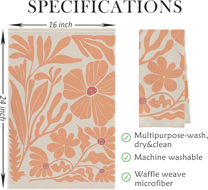 Boho Floral Dish Towels Vintage Abstract Flowers Waffle Weave Orange Flower