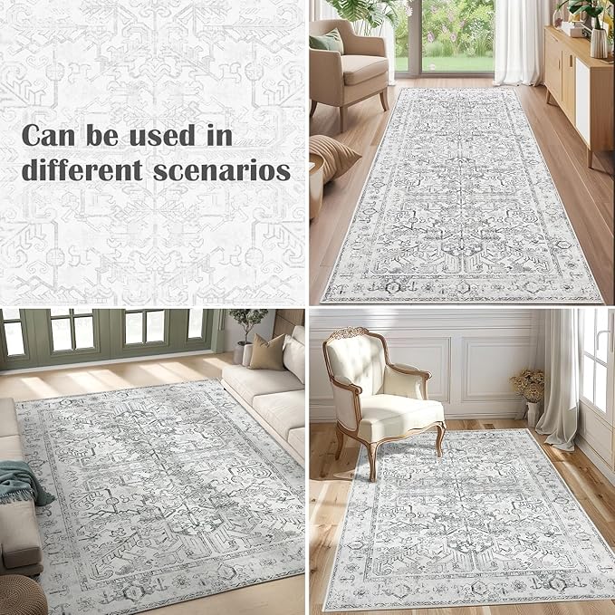 jinchan Vintage Floral Washable Runner Rug 2x10 Non-Slip Low Pile Carpet, Grey