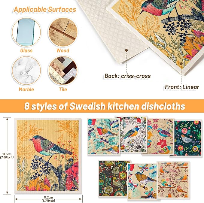 Lucomb Swedish Dish Cloths 8 Pack Reusable Absorbent Kitchen Dish Towels, Birds Flowers
