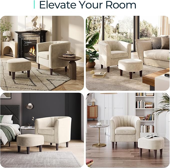 LINSY Accent Chair with Ottoman, Modern Armchair Comfy Barrel Reading Chair with Footrest for Living Room Bedroom Reading Room, Velvet, Beige