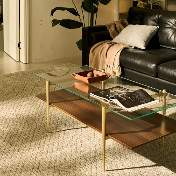 Saint Mossi Tadio X-Large Glass Coffee Table, Clear Double Layer Glass Coffee Table for Living Room, Clear Glass & Coffee Brown Bottom Shelf