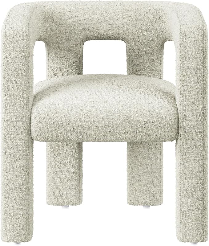 BELLEZE Modern Boucle Barrel Dining Chair Set of 2, Upholstered Linen Kitchen Boucle Armchair with Sidearms and Back, for Dining Room Living Room- Cream