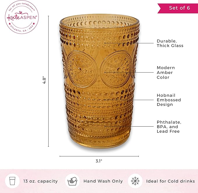 Kate Aspen Hobnail Beaded Floral Amber Drinking Glasses, (13 oz) Vintage Glassware Set Cocktail Glass Set, Juice Glass, Water Cups | Great Hostess Gift & Gift for New Home Owners | (Pack of 24)
