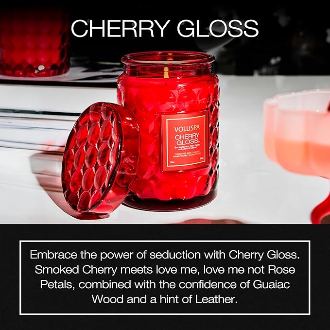 Voluspa Cherry Gloss Large Jar Candle, 18 oz, Coconut Wax Blend, Scented Candles for Home, 100 Hour Burn Time, Fruity Candle, Handcrafted in The USA