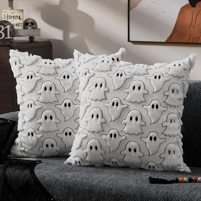 DFXSZ Halloween Pillow Covers 16x16 inch Set of 2 White Black Ghost Throw Pillow Cases Soft Plush Faux Fur Wool Cushion Case for Chair Bedroom Living Room Home Decor PTK03J16