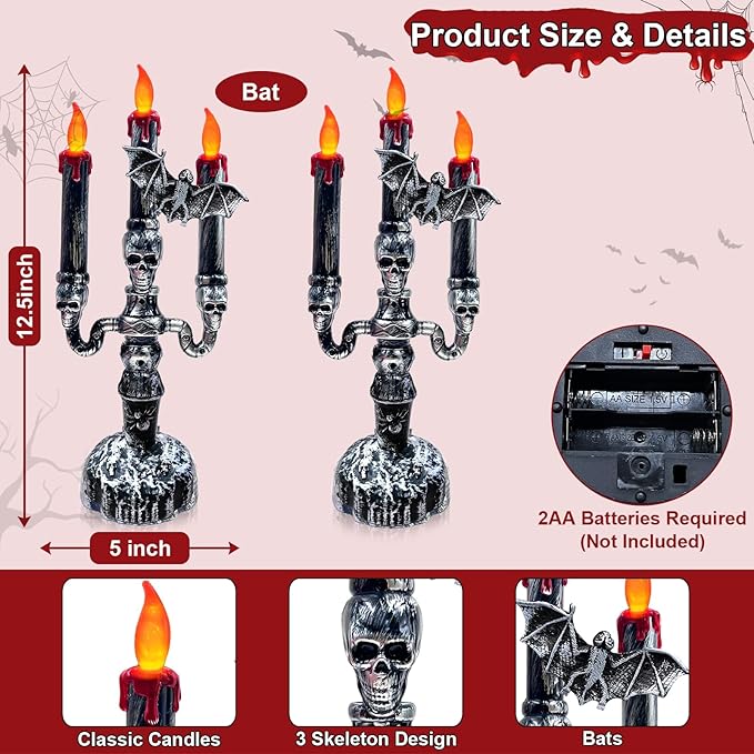 TURNMEON 2 Pack Halloween Decorations Halloween Candles LED Candelabra 3 Flickering Lamp Light Up Battery Operated Candles Holder Flame Less Bat Decor Indoor Table Home Party