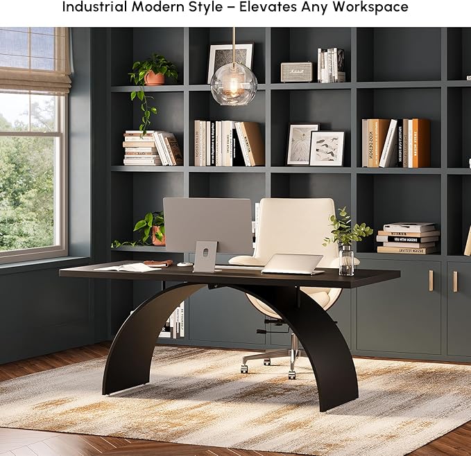 homary 70.9" Industrial Executive Desk, Black Top Desk Modern Home Office Desk with Arched Design Legs for Study, Office, Home Office