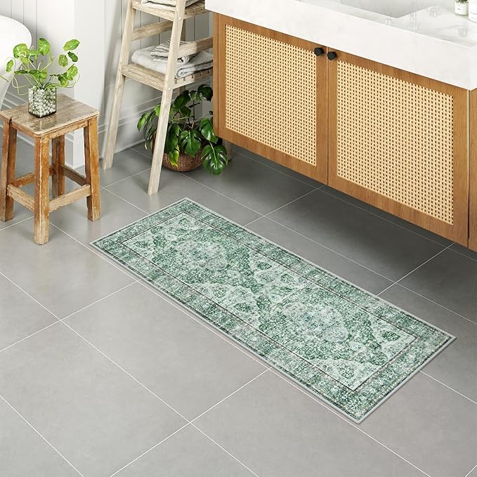 Uphome Green Bathroom Rugs, Distressed Farmhouse Boho Bath Mat, Non Slip Washable Soft Velvet Bath Mats for Bathroom Floor, Vintage Traditonal Bath Runner for Bathtub Sink Shower, 18x47 inch