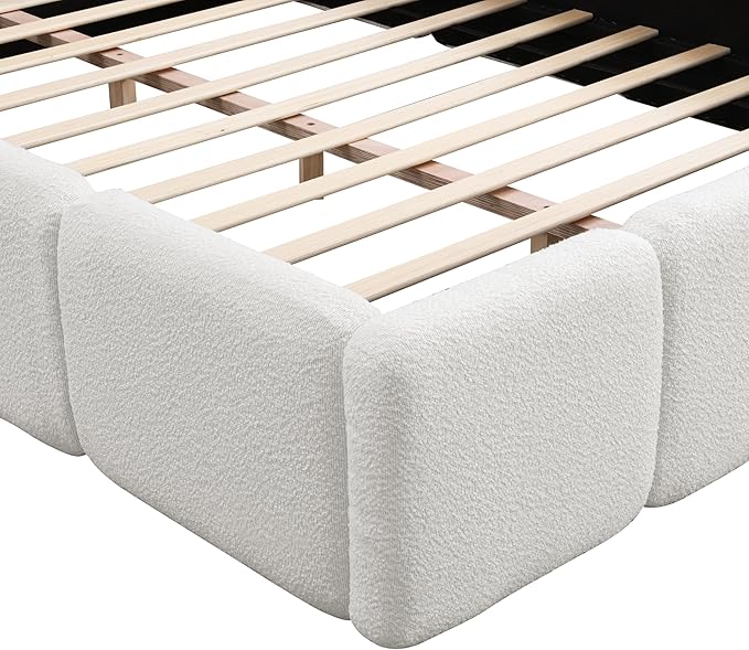 Christopher Knight Home Hazel Queen Size Platform Bed, Boucle Thick Headboard and Footboard, Upholstery Grounded Beds, Block Style, Wood Slat Panel Support, No Spring Box Needed, Easy Assembly, White