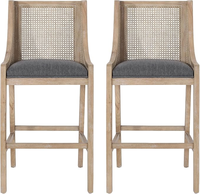 Merax 30" Fabric Upholstered Wood and Cane Barstools with Backrest,Set of 2,French Country Counter Stools Chair