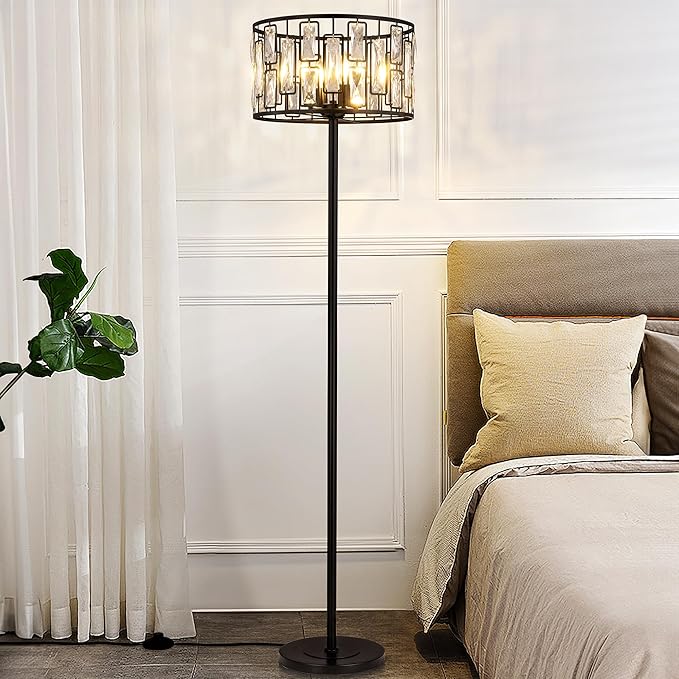 Wellmet Black Crystal Floor Lamp for Living Room, 4 Lights Modern Crystal Standing Lamp, Tall Elegant Floor Lamp with Foot Switch for Office, Reading Room, Bedroom, Dining Room, Entryway(E12 Base)