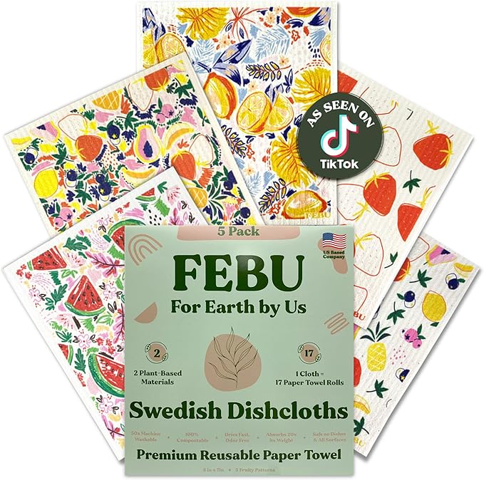FEBU Swedish Dish Cloths 5 Pack Reusable Washable Kitchen Dish Towels, Fruit Pattern