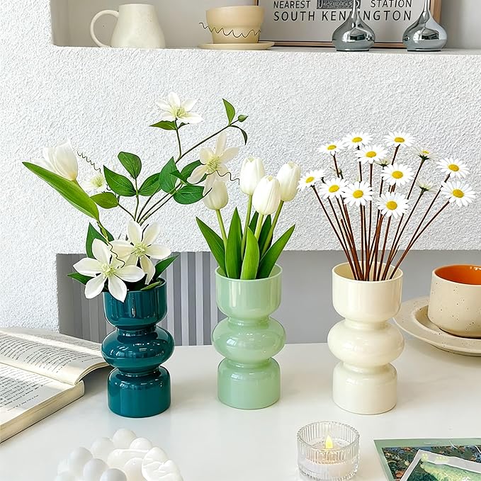 JSPYFITS Glass Hydroponic Flower Vase, 7 Inches Colored Glasses Bubble Vases for Flowers, Three-Layer Glass Funky Vase for Home/Office/Weddings/Party Table Flowers Decor (Milky Green)