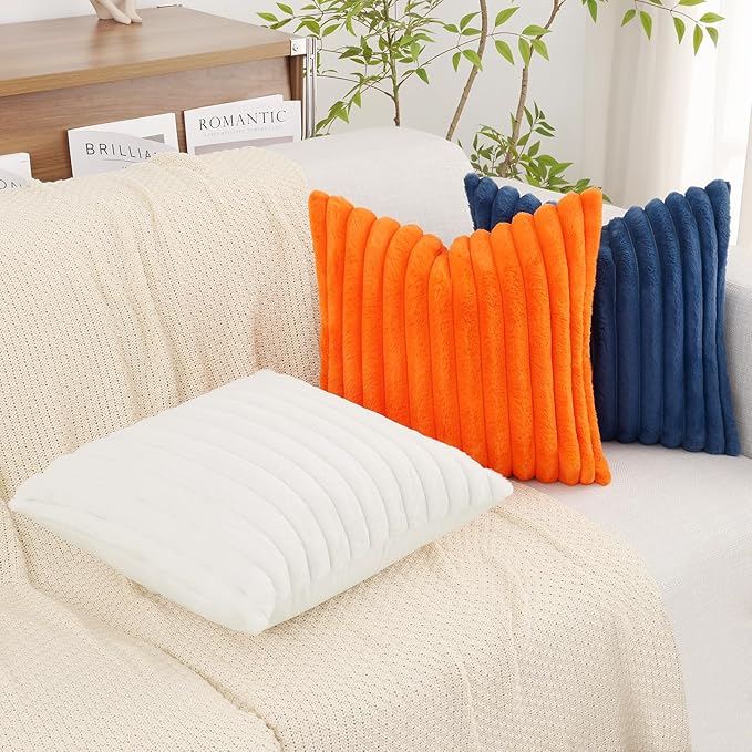 decorUhome Faux Fur Christmas Throw Pillow Covers 26x26 Set of 2, Decorative Soft Plush Striped Neutral Euro Pillow Covers with Velvet Back for Bed, Living Room Home Decor, White