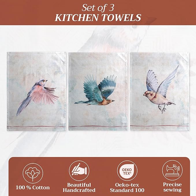 Maison d'Hermine Dish Towels 100% Cotton Absorbent Kitchen Towels Flying Birds Spring Summer Set of 3
