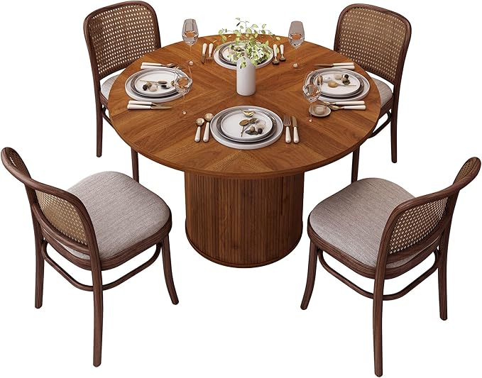 47 inch Round Dining Table for 4, Kitchen Table Dinner Table with 2-Layer Storage Shelf and Wood Slide Door for Home Dining Room Living Room (Walnut)