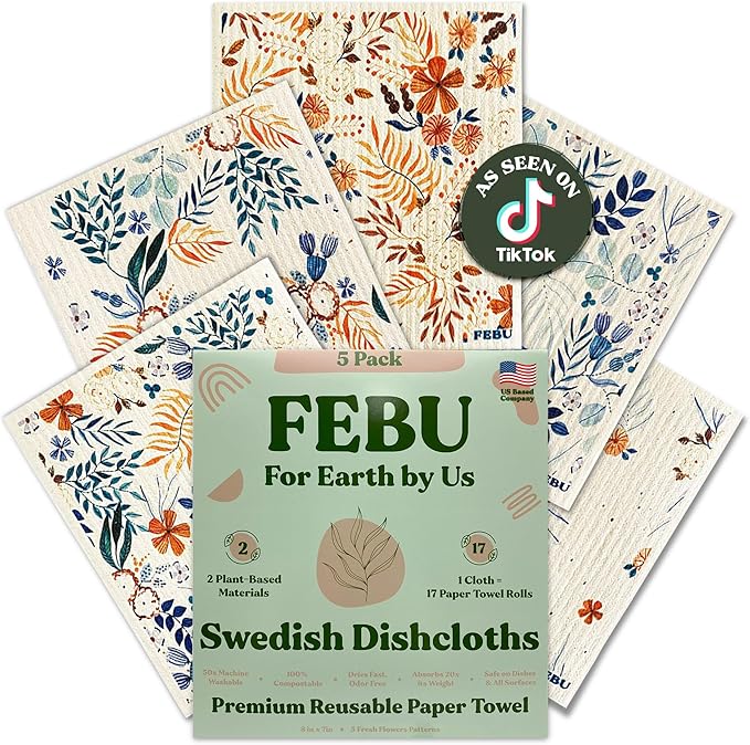 FEBU Swedish Dishcloths for Kitchen 5 Pack Fresh Flowers Reusable Washable Absorbent Dish Towels
