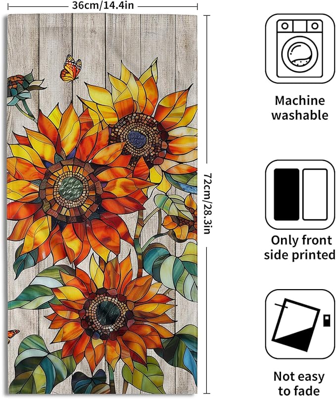 Sunflower Kitchen Towels Set of 2 Retro Barn Wooden Floral Country Spring Summer 14x28 Tabletop Decor Sunflower