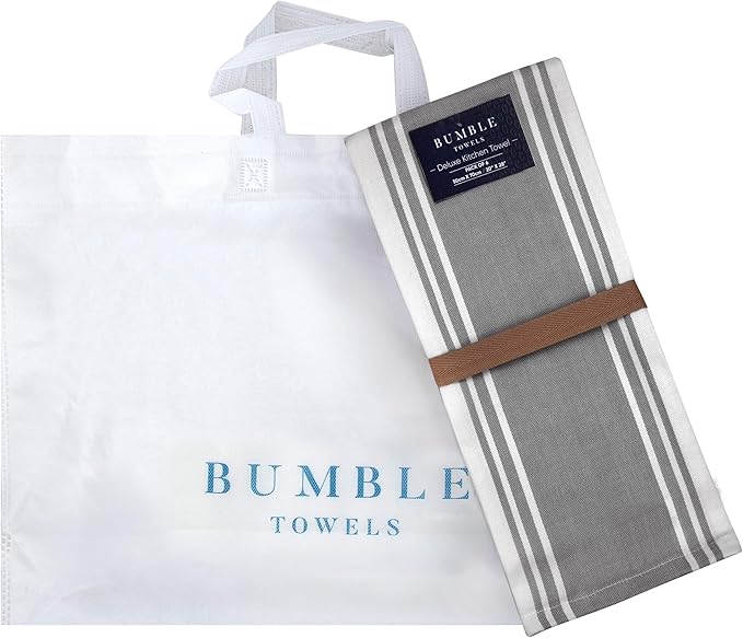 Premium Cotton Kitchen Towels 6 Pack Large Absorbent Flat & Terry Grey Stripe 20x28