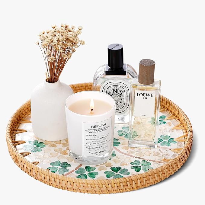 Round Rattan Tray with Mother of Pearl Inlay & Wooden Base - Decorative Wicker Serving Tray for Coffee/Bread/Fruits, Food Storage & Display - Multipurpose Home Decor (M,Four-Leaf Clover)