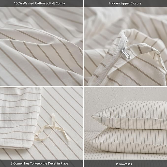 MooMee Striped Duvet Cover Set 100% Washed Cotton Linen Like Textured Breathable Durable Soft Comfy (White Tannish Linen Grey Wide Stripes, Oversized Full 82"x86")