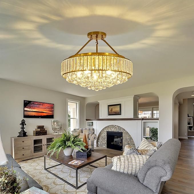 YYJLX 6-Light Modern Large Crystal Chandelier Gold Metal E26 Semi Flush Mount Round Ceiling Light Fixture Ceiling Lamp Farmhouse for Dining Room Living Room Laundry Room Foyer Kitchen Bedroom