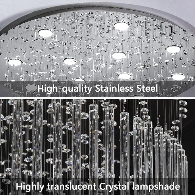 W32 x H120 Glam Chandelier with LED Bulbs Crystal Raindrop High Ceiling Pendant Light for Entrance Large Villa Chandelier Foyer Lighting Fixtures Silver