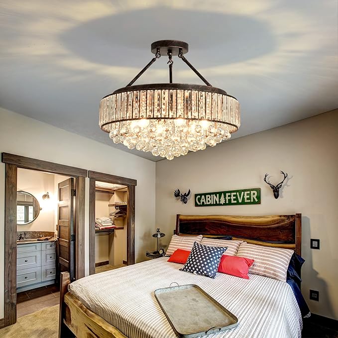 YYJLX 6 Light Modern Crystal Oil Rubbed Bronze Metal Semi Flush Mount Ceiling Light Fixture E26 Indoor Round Ceiling Lamp for Dining, Living, Foyer, Kitchen, Bedroom