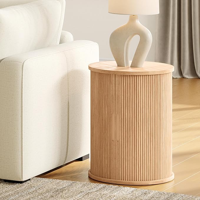 LINSY Round Fluted Nightstand, Mid Century Modern Tall Side Table with Storage, End Table with Sliding Tambour Doors, Adjustable Shelf, Small Wood Bedside Table for Bedroom, Living Room, Oak