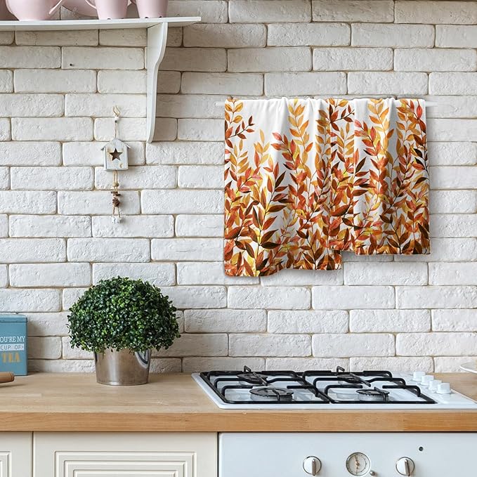 Orange Eucalyptus Hand Towels Set of 2 Fall Leaves Botanical Plant Decorative Soft Absorbent Kitchen