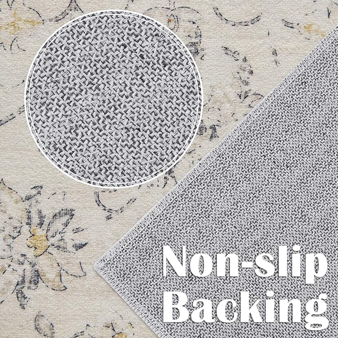 jinchan Vintage Floral Washable Runner Rug 2x6 Non-Slip Low Pile Carpet, Grey