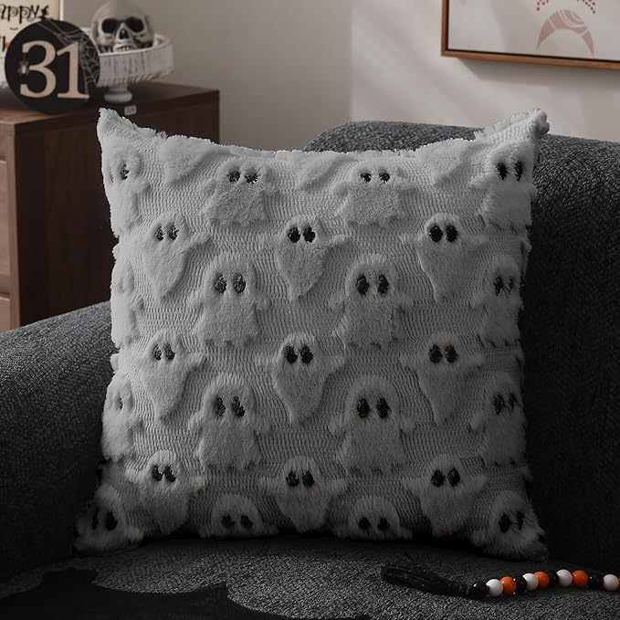 DFXSZ Halloween Pillow Covers 16x16 inch Set of 2 Silver Gray Ghost Throw Pillow Cases Soft Plush Faux Fur Wool Cushion Case for Chair Bedroom Living Room Home Decor PTK03X16