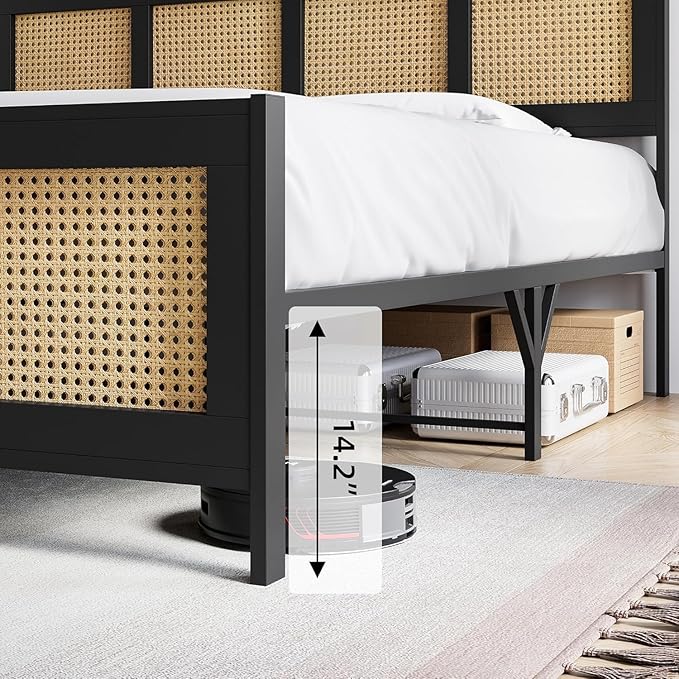 GarveeHome Full Size Rattan Bed Frame with Headboard, Black Boho Cane Platform Bed Frame with Strong Metal Slat, Noise Free, No Box Spring Needed