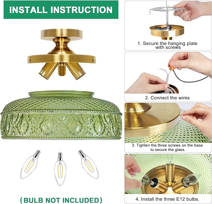 Lamomo Semi Flush Mount Ceiling Light, Upgraded Larger Green Hallway Light Fixture, 3-Bulb Globe Glass Close to Ceiling Scone, Indoor Hanging Light for Bedroom Kitchen Porch Hallway,Bulbs Not Included