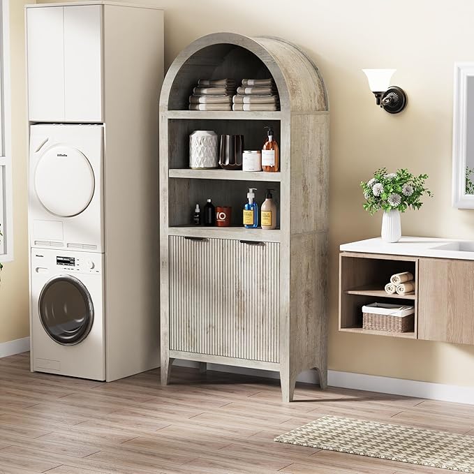 blini Tall Arched Bookcase with Doors, Wooden Arch Bookshelf 5-Tier Rounded Bookshelf Multi-Depth Display Storage Cabinet for Living Room