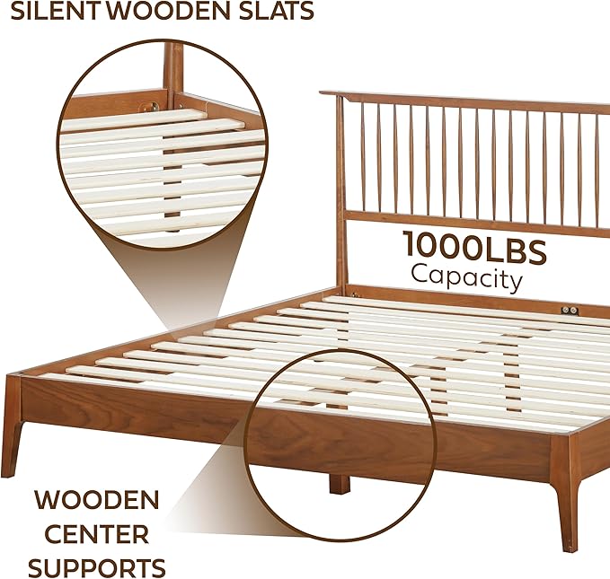 NTC Ruby Wooden Bed Frame with Headboard, Crafted from Walnut, Rubber Wood with Silent Slats and Wood Central Supports, 1000 Lb Capacity, Effortless Assembly, Queen - Dark Walnut