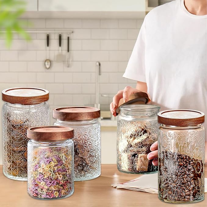 Vintage Glass Jars with Wooden Lids, 34 oz Airtight Glass Food Storage Containers Sets for the Kitchen, Sugar Candy Coffee Cookie Tea Spice Pasta