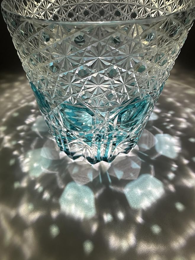 Hand Cut Whiskey Glass Japanese Style Edo Kiriko Inspired Sea Aquamarine Fluorite Tumbler 10oz Lead Free Blown Glass, Blue Design