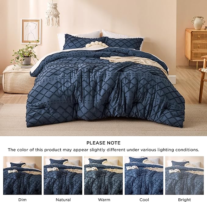Bedsure King Comforter Set - Navy Blue Comforter, Boho Tufted Shabby Chic Bedding for Kids, 3 Pieces Vintage Farmhouse Bed Set for All Seasons, Fluffy Soft Bedding with 2 Pillow Shams