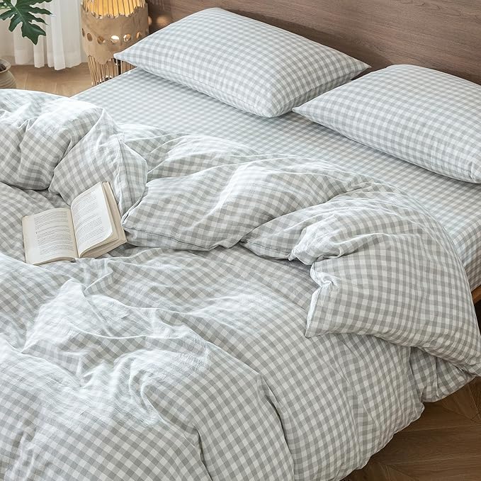 MooMee Gingham Duvet Cover Set 100% Washed Cotton Linen Like Textured Breathable Durable Soft Comfy Modern Checkered Design (Northern Droplet Grey Gingham, Full 80"x90")