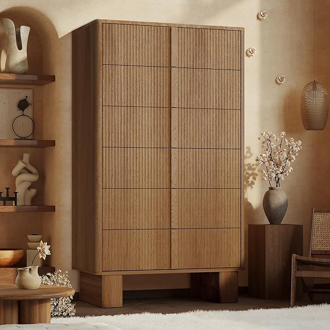 Fluted Dresser for Bedroom with 6 Drawers, 51'' H Modern Chest of Drawers with Wooden Handle, Wooden Dresser TV Stand, Wood Closet Clothes Storage Organizer for Living Room, Hallway, Natural Oak