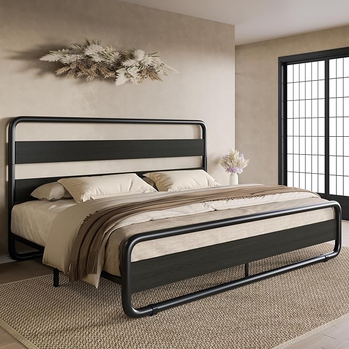 SHA CERLIN King Size Metal Bed Frame with Wooden Headboard and Footboard, Heavy Duty Platform Bed Frame with 10" Under-Bed Storage, Noise-Free, No Box Spring Needed, Black
