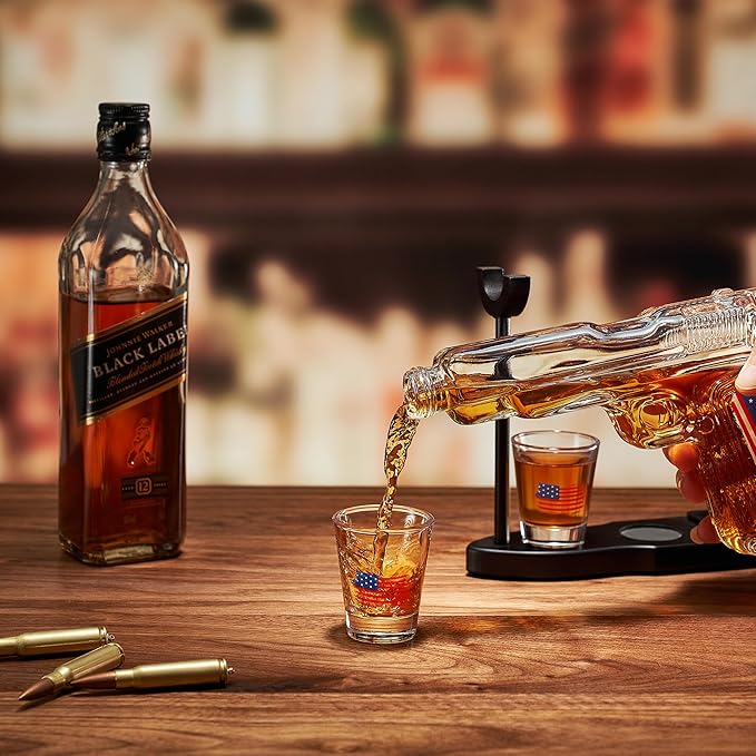 Gifts for Men Dad, Father Whiskey Decanter Set - 8 Oz with Two 2 Oz Glasses, American Flag Pistol Gun Anniversary Birthday, Home Bar Gifts, Drinking Military Present Dispenser, Him Husband Bar Gift