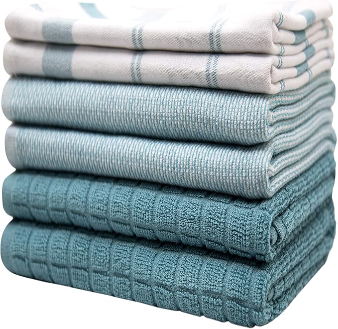 Premium Kitchen Towels 6 Pack Large Cotton Flat Terry Absorbent Tea Towels with Hanging Loop Teal Check 20x28