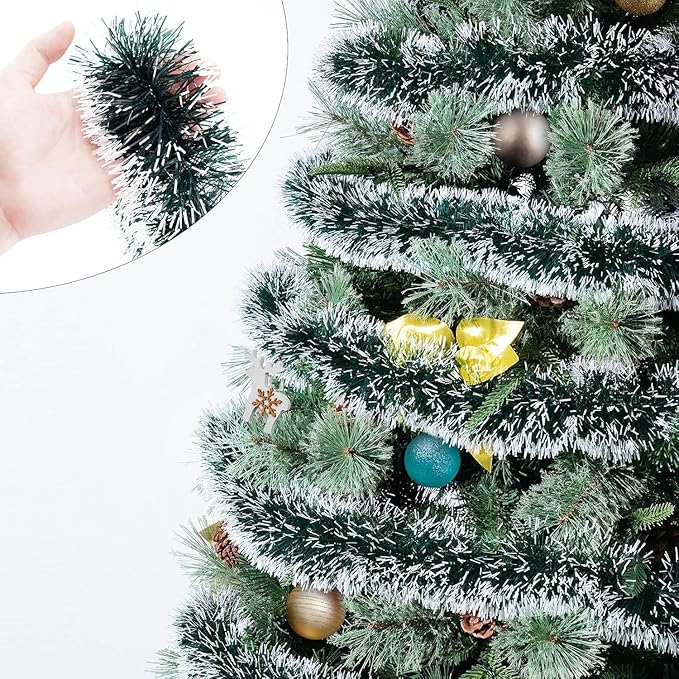 33FT Green Tinsel Christmas Garland Metallic Twist Shiny Garland for Christmas Tree Decorations, Xmas Holiday Hanging Garland for Home Indoor Outdoor Party Supplies Decor (Green, White)