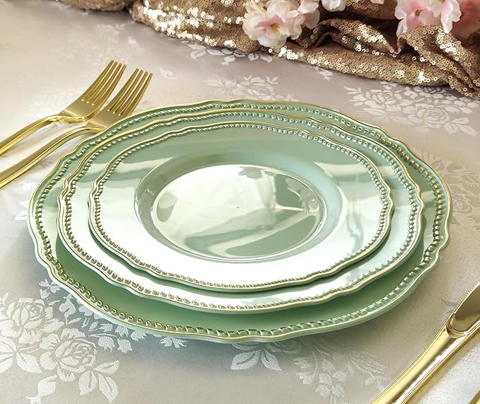 " OCCASIONS " 50 Plates Pack (25 Guests)-Heavyweight Wedding Party Disposable Plastic Plate Set -25 x 10.25'' Dinner + 25 x 7.5'' Salad/dessert plates (Rochelle Seafoam/Mint and Gold))