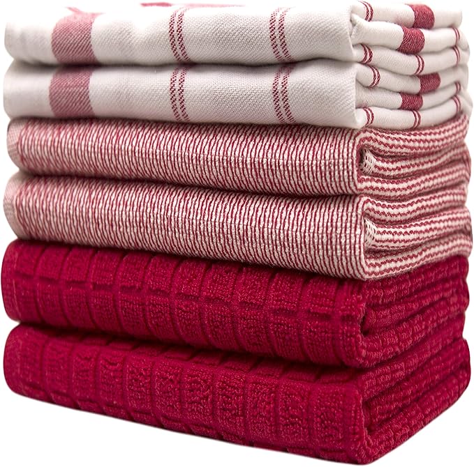 Premium Kitchen Towels 6 Pack Large Cotton Flat Terry Absorbent Tea Towels with Hanging Loop Red Check 20x28