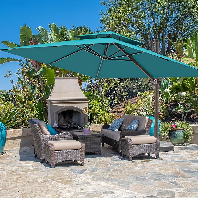 10x13FT Cantilever Outdoor Patio Umbrellas, Double Top Large Rectangle Umbrella, Heavy Duty 360° Rotation Offset Outdoor Sun Shade Umbrella for Garden Deck Pool Backyard, Turquoise